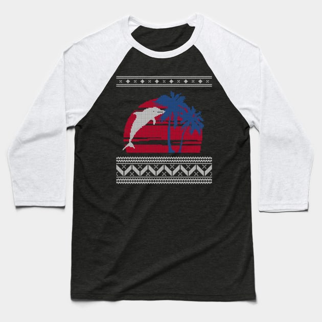 Blue and Red Palm Tree and Dolphin Ugly Christmas Sweater Design Baseball T-Shirt by YourGoods